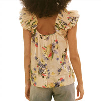 THE GREAT. Women's The Dove Top in bright grove floral - women's blouse - detail view