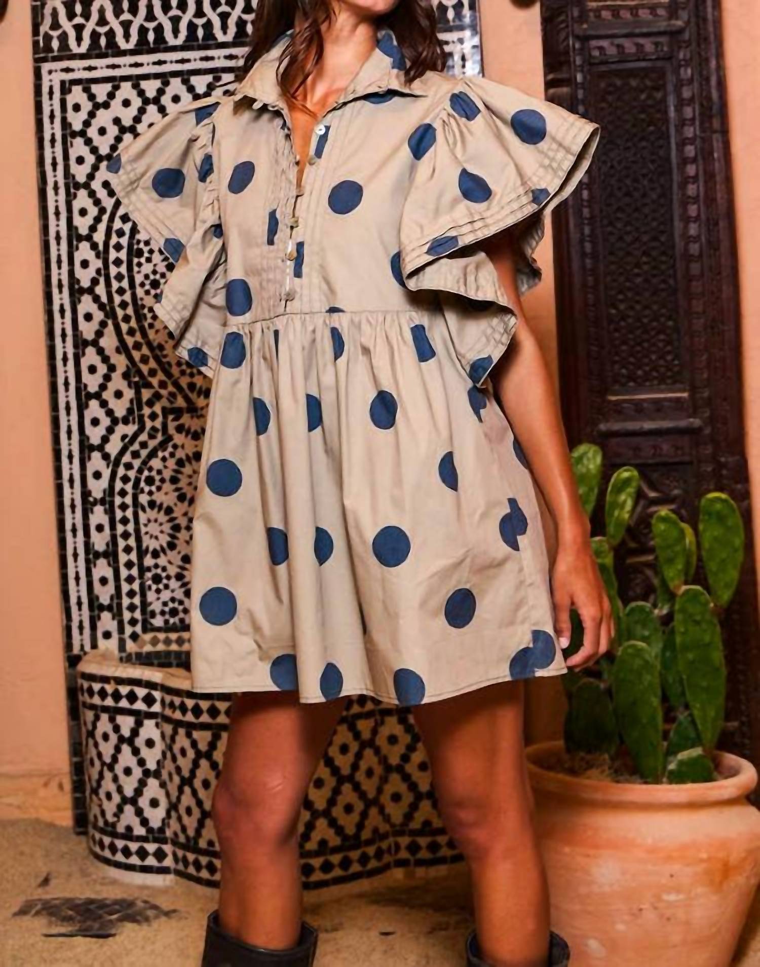 Bucketlist - Ruffle Sleeve Pintuck Detail Polka Dot Mini Dress
