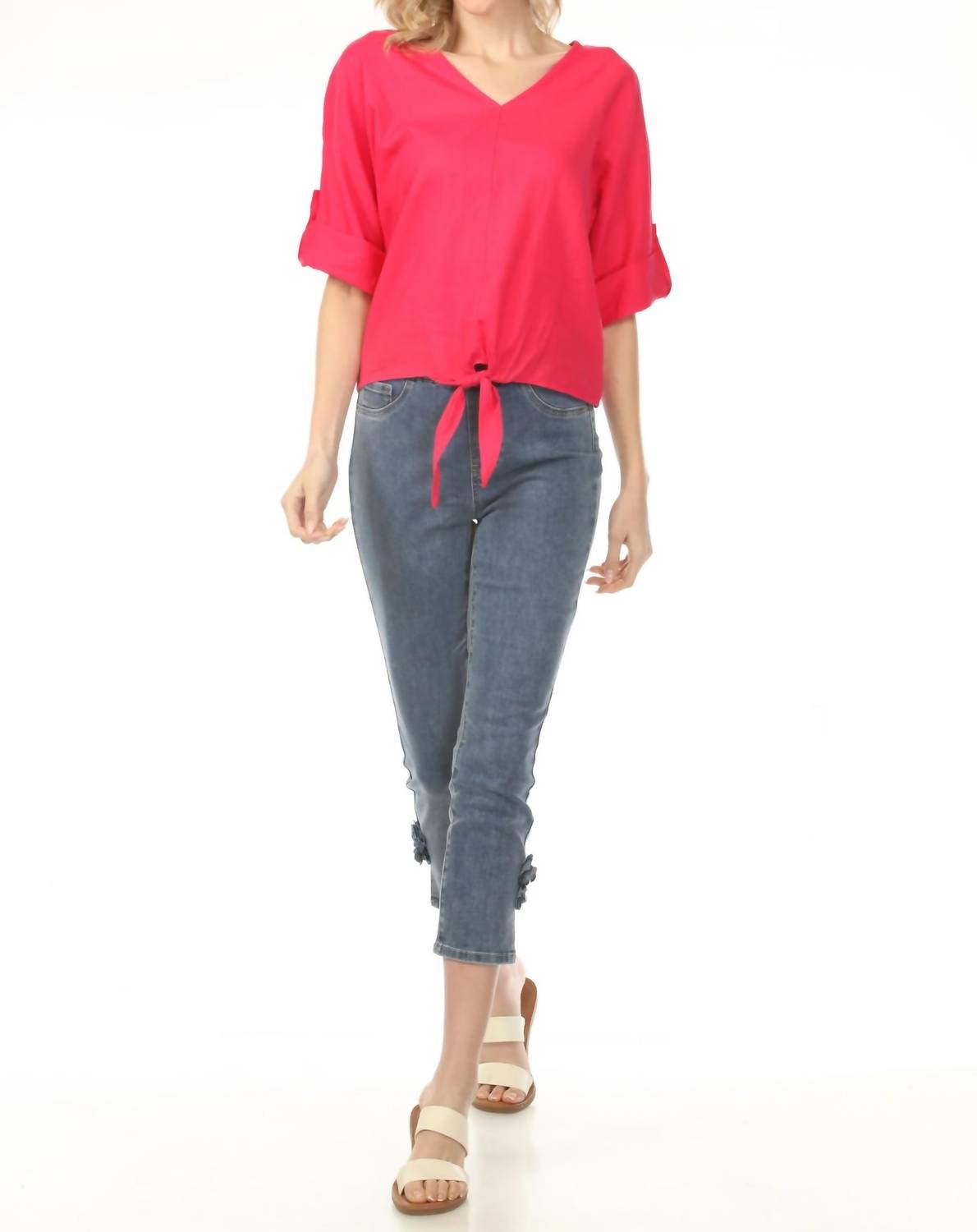 Charlie B - Roll-up Sleeve Front Tie Top