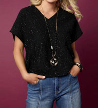 COCO + CARMEN Janece Sparkle V-Neck Cap Sleeve Sweater in black - women's sweater - alternate view
