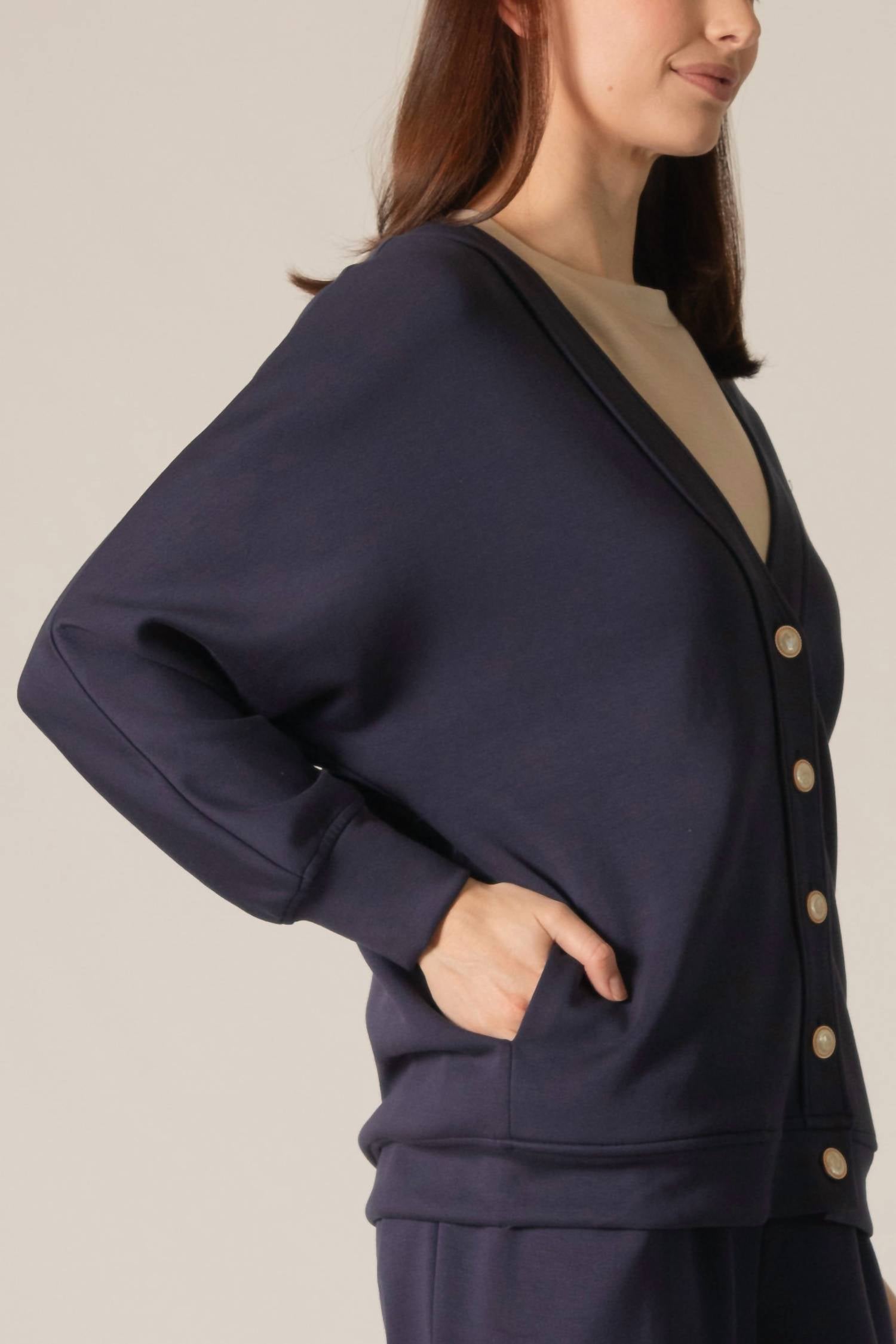 P.CILL Pearl Button Cardigan in navy - women's cardigan - alternate view