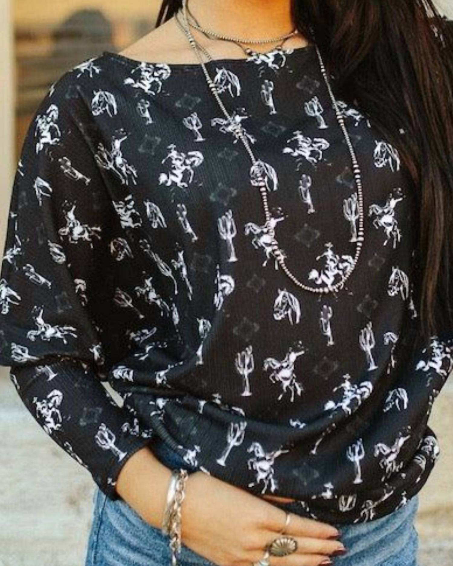 Lucky & Blessed - Cactus Cowboy Ribbed Long Sleeve Dolman Top