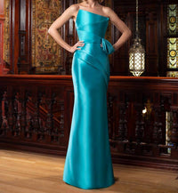 DAYMOR Fitted Long Pleated Peplum Formal Dress in turquoise - women's dress