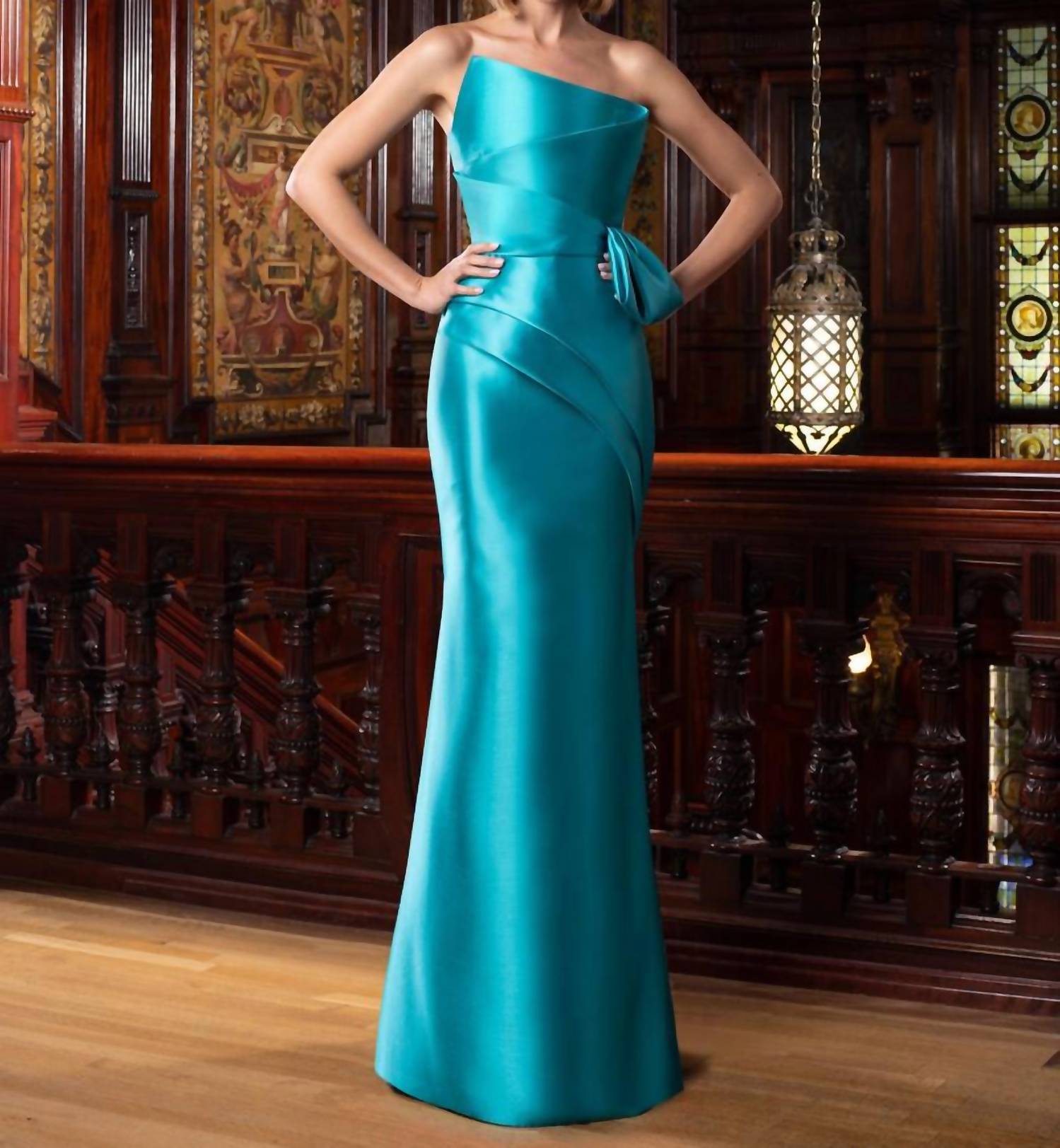 DAYMOR Fitted Long Pleated Peplum Formal Dress in turquoise - women's dress