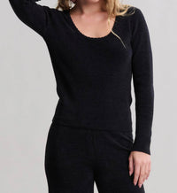 BAREFOOT DREAMS Ribbed Scallop Scoop Neck Top in black - women's long sleeve top