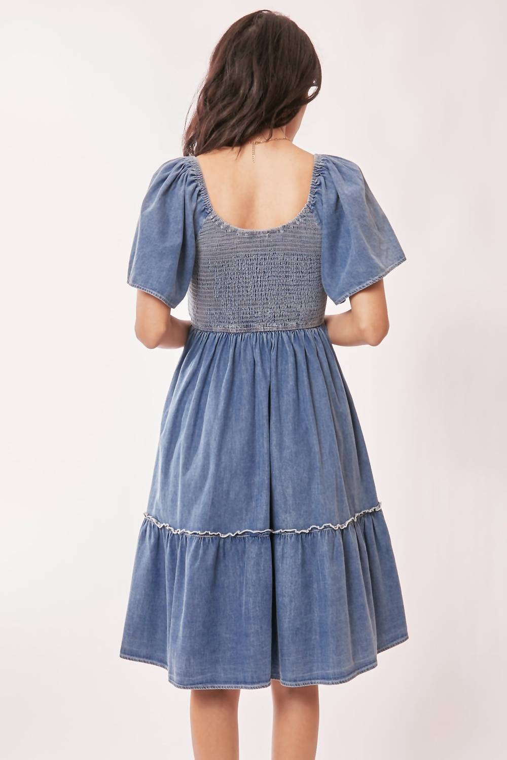 Davi & Dani - Denim Elastic Ruched Chest Midi Dress - Plus