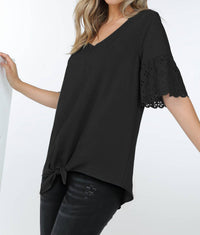 Shop Basic - Laser Cut Short Sleeve V Neck Top With Tie