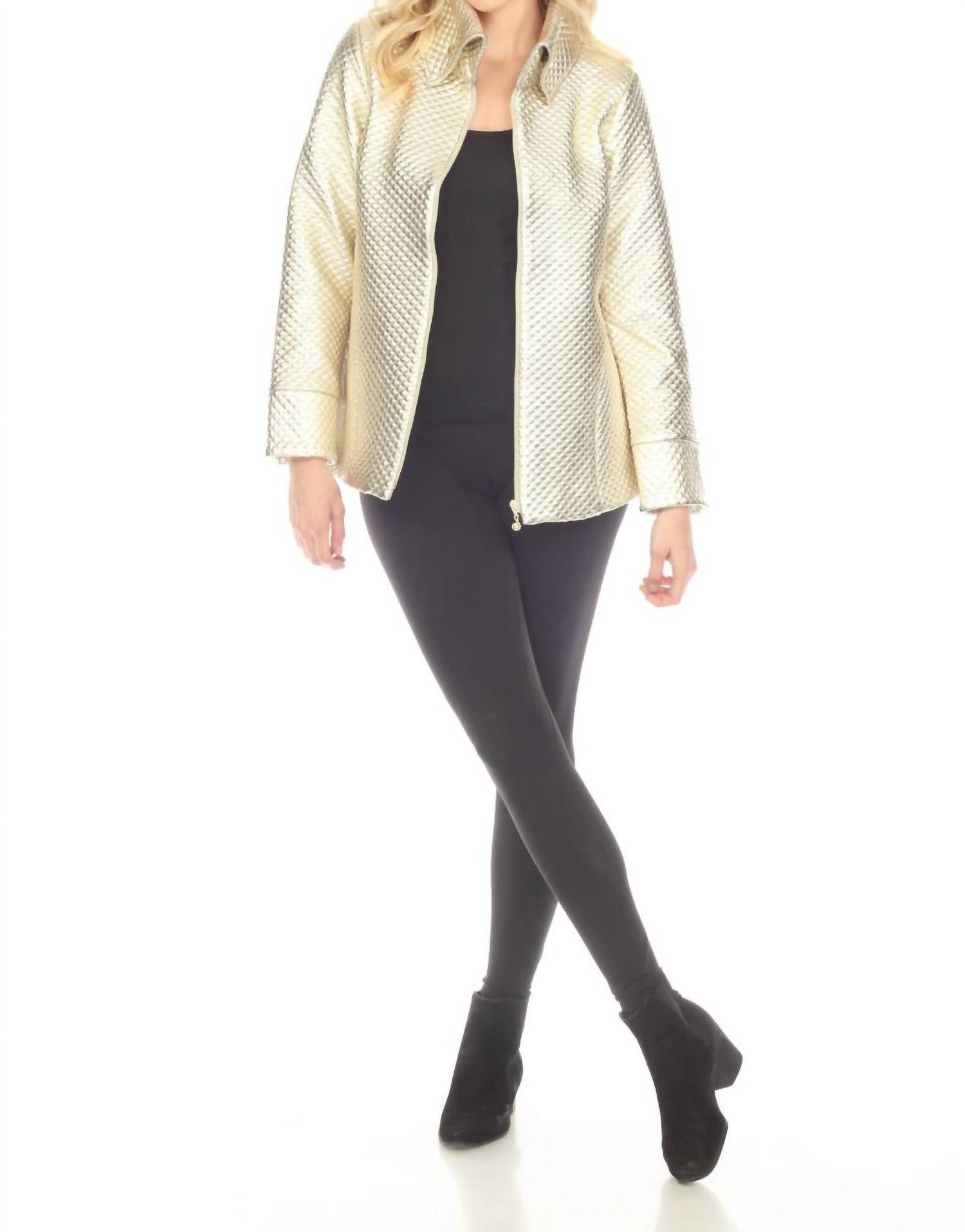 Samuel Dong - Metallic Textured Zip-up A-line Coat Jacket