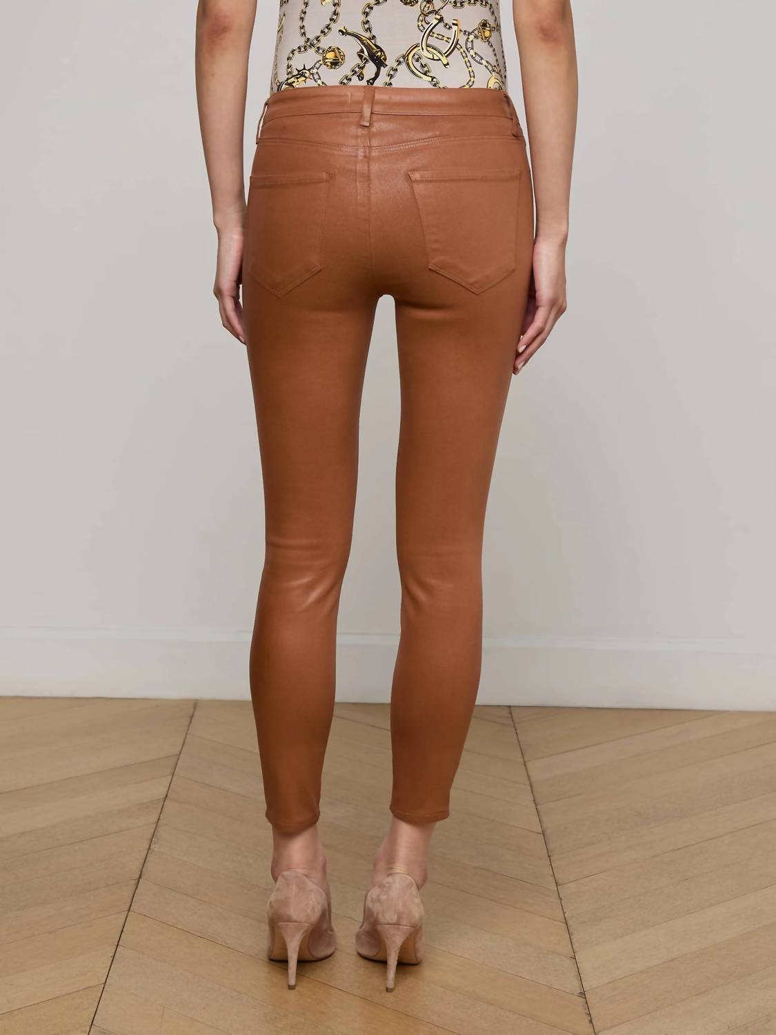 L'Agence Margot Coated Cropped Skinny Jeans in cognac - women's jeans - alternate view