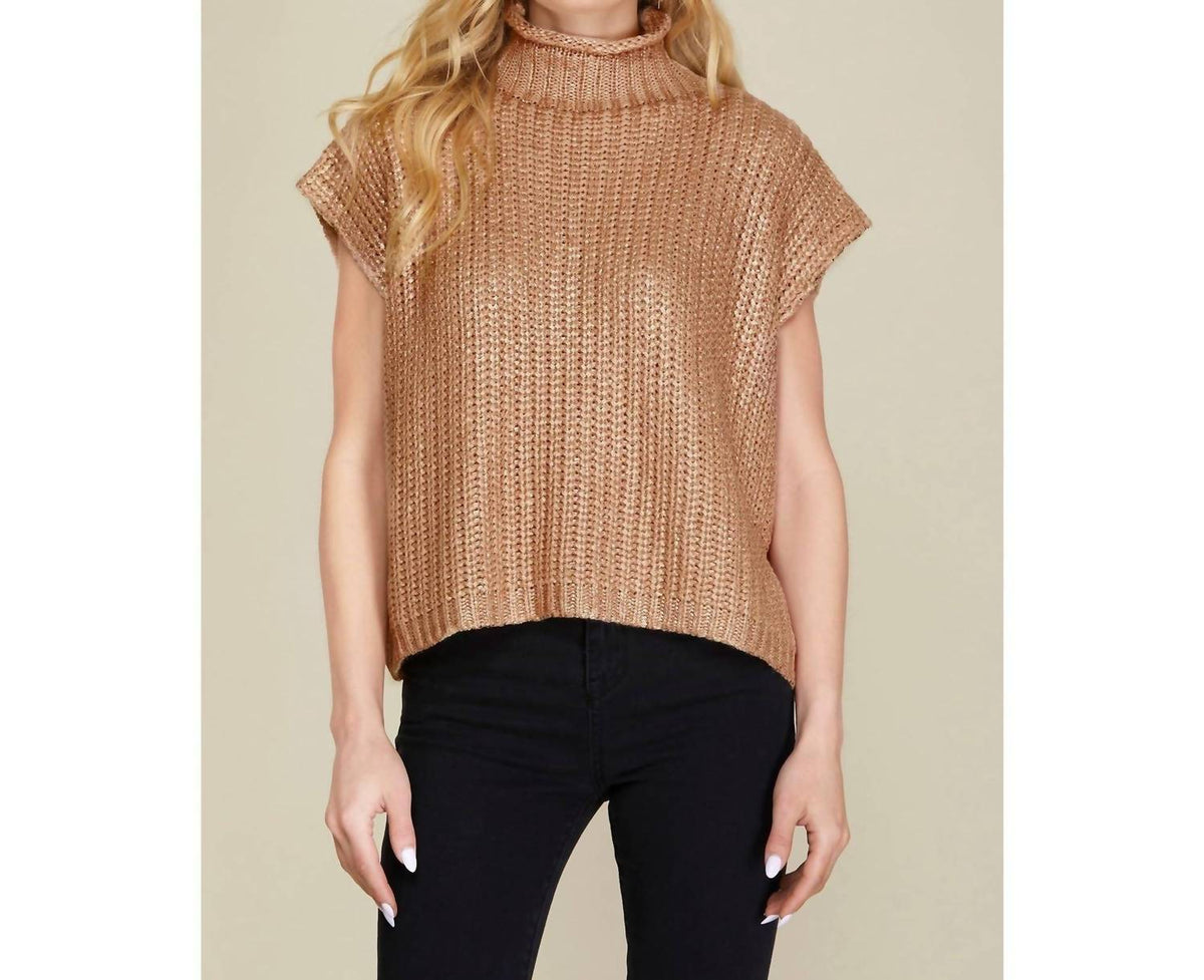 She + Sky - Metallic Foil Short Sleeve Sweater Top