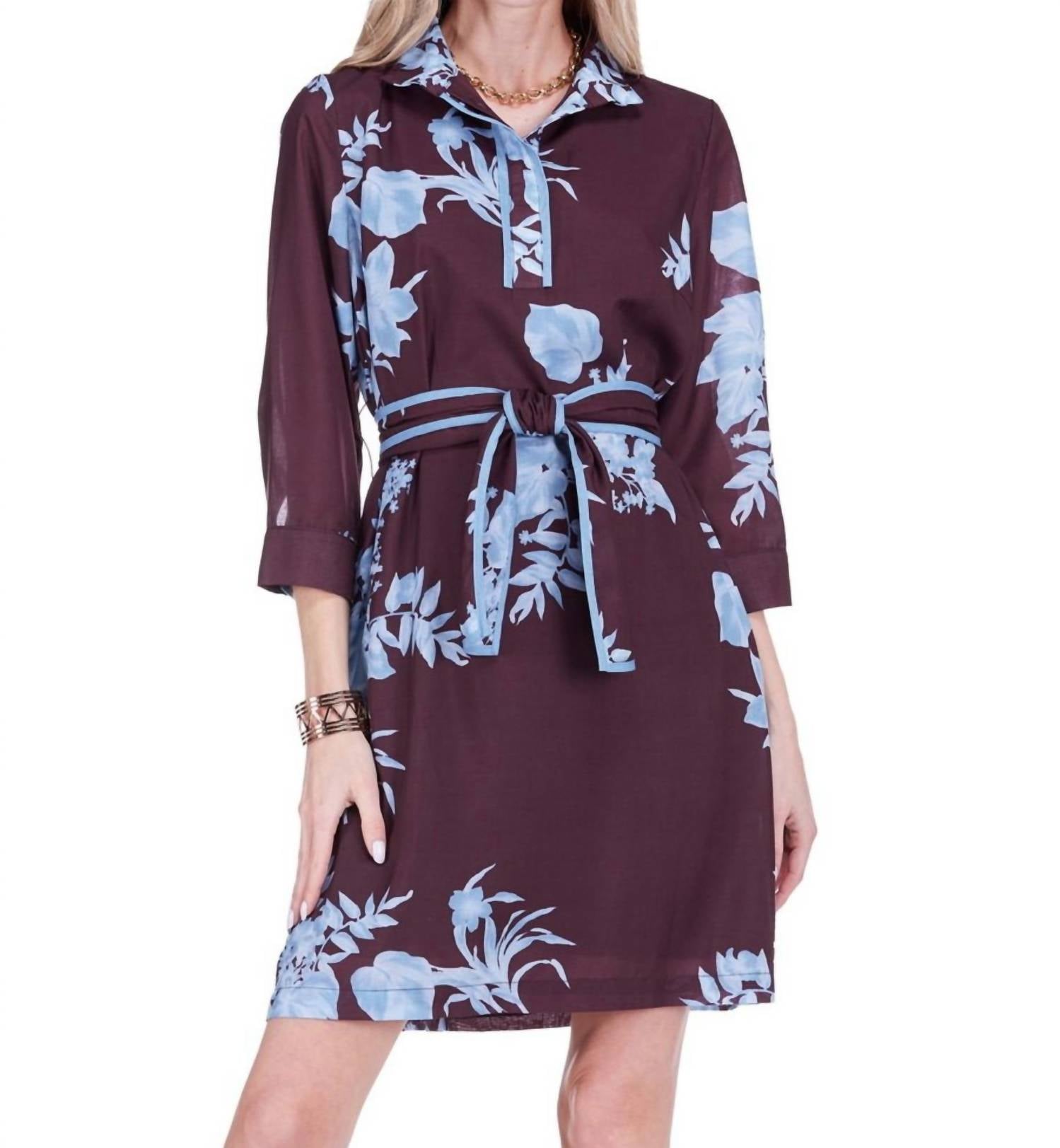 Jade Band Collar Trimmed Dress in mystic flora dress - women's dress