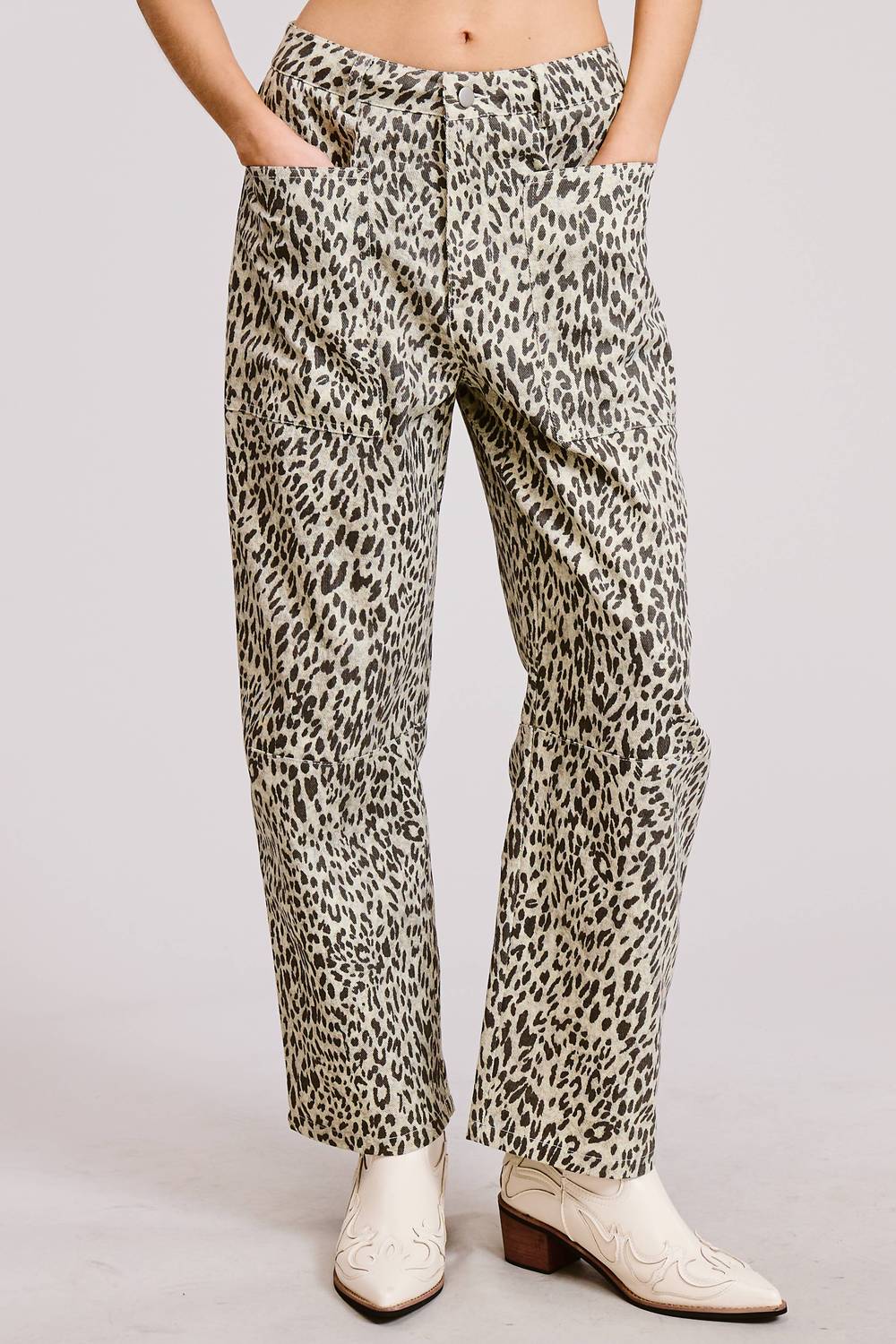 Mimosa Leopard Print Barrel Leg Denim Jeans in grey - women's jeans - detail view