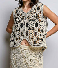 Pol - Decorative Touch Button V-neck Floral Crochet Vest