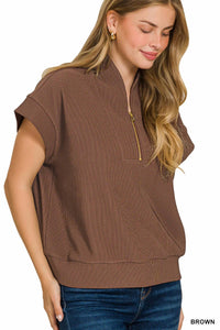 Zenana - Tulip Collar Quarter Zip Cap Sleeve Ribbed Pullover