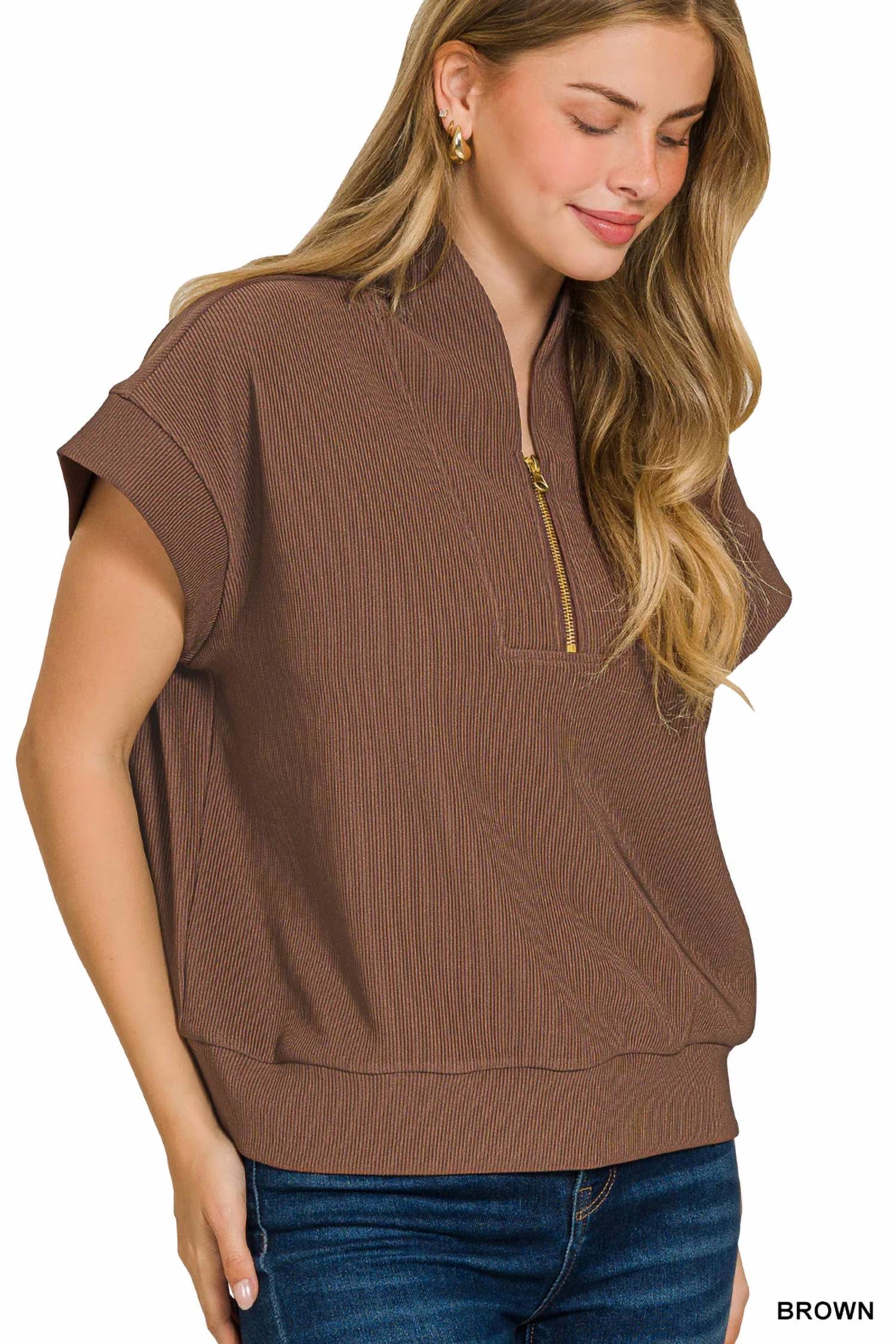 Zenana - Tulip Collar Quarter Zip Cap Sleeve Ribbed Pullover