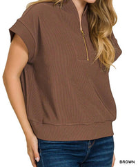 Zenana - Tulip Collar Quarter Zip Cap Sleeve Ribbed Pullover