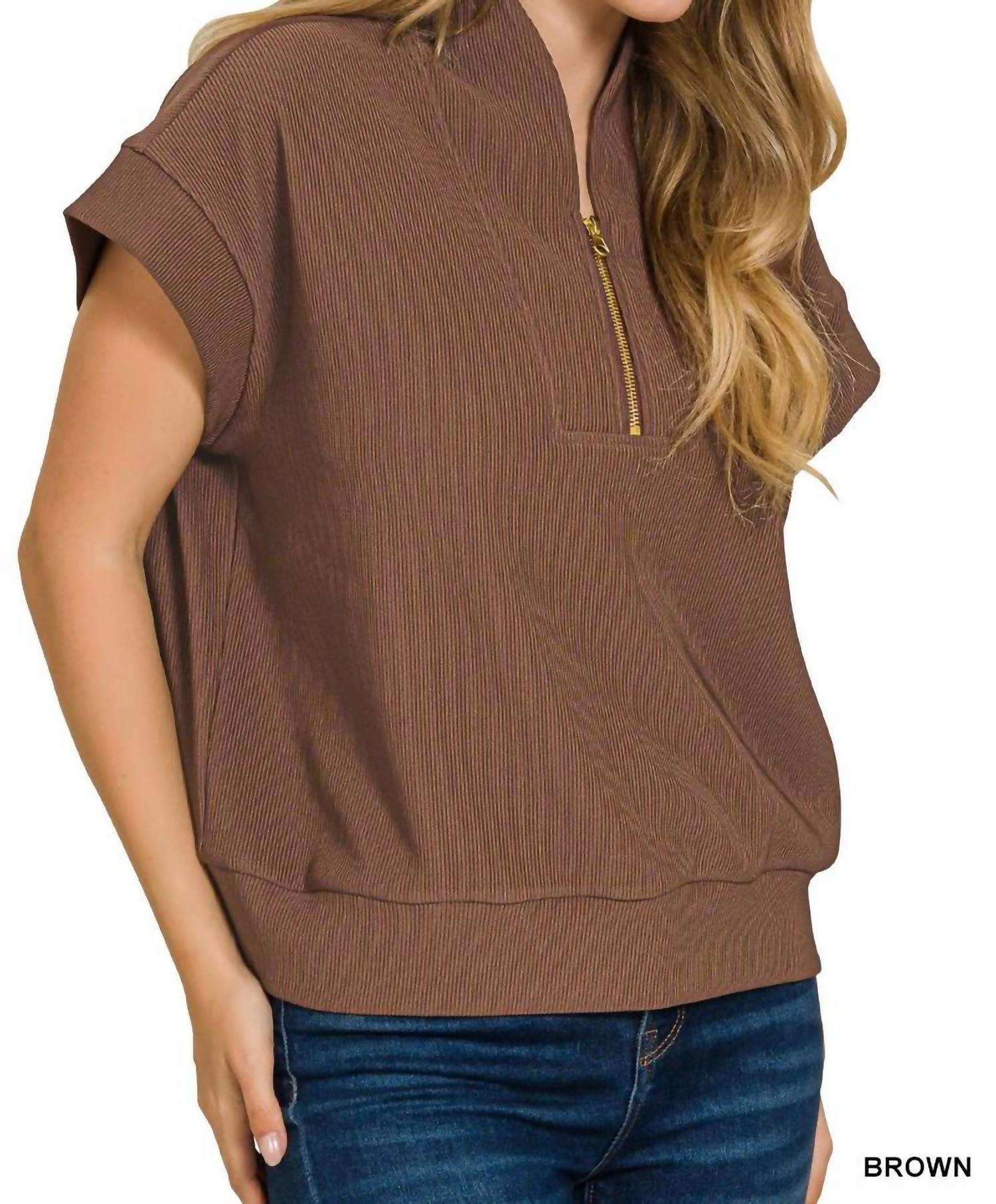 Zenana - Tulip Collar Quarter Zip Cap Sleeve Ribbed Pullover