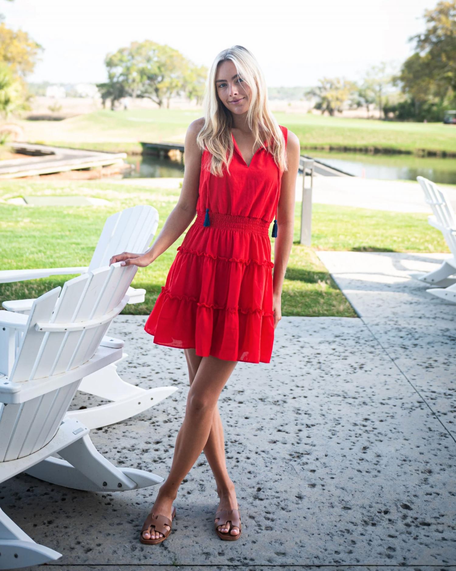 Sail To Sable - Red Sleeveless Smocked Waist Dress with Tassels