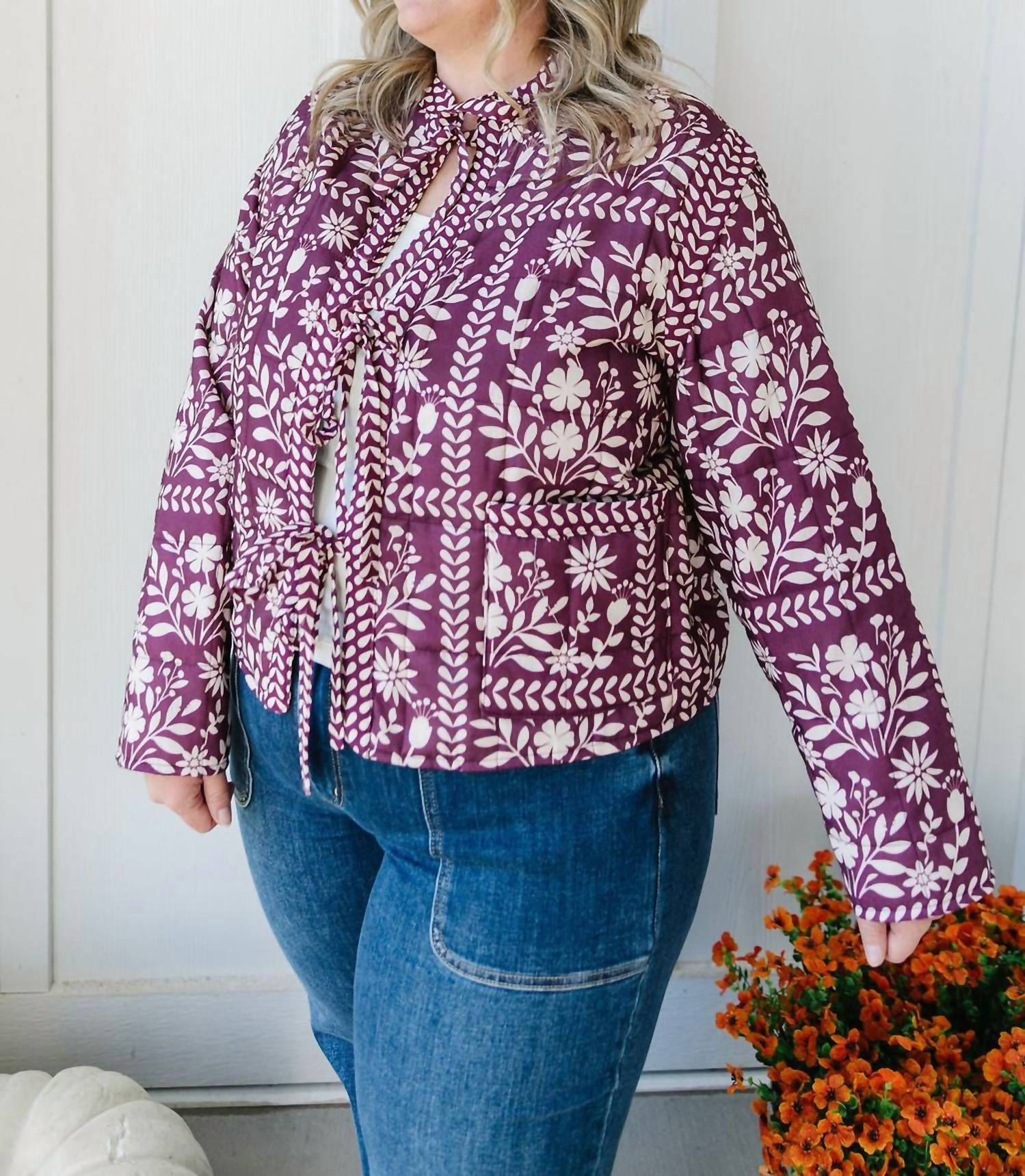 Polygram Priscilla Floral Quilted Jacket in burgundy - women's jacket