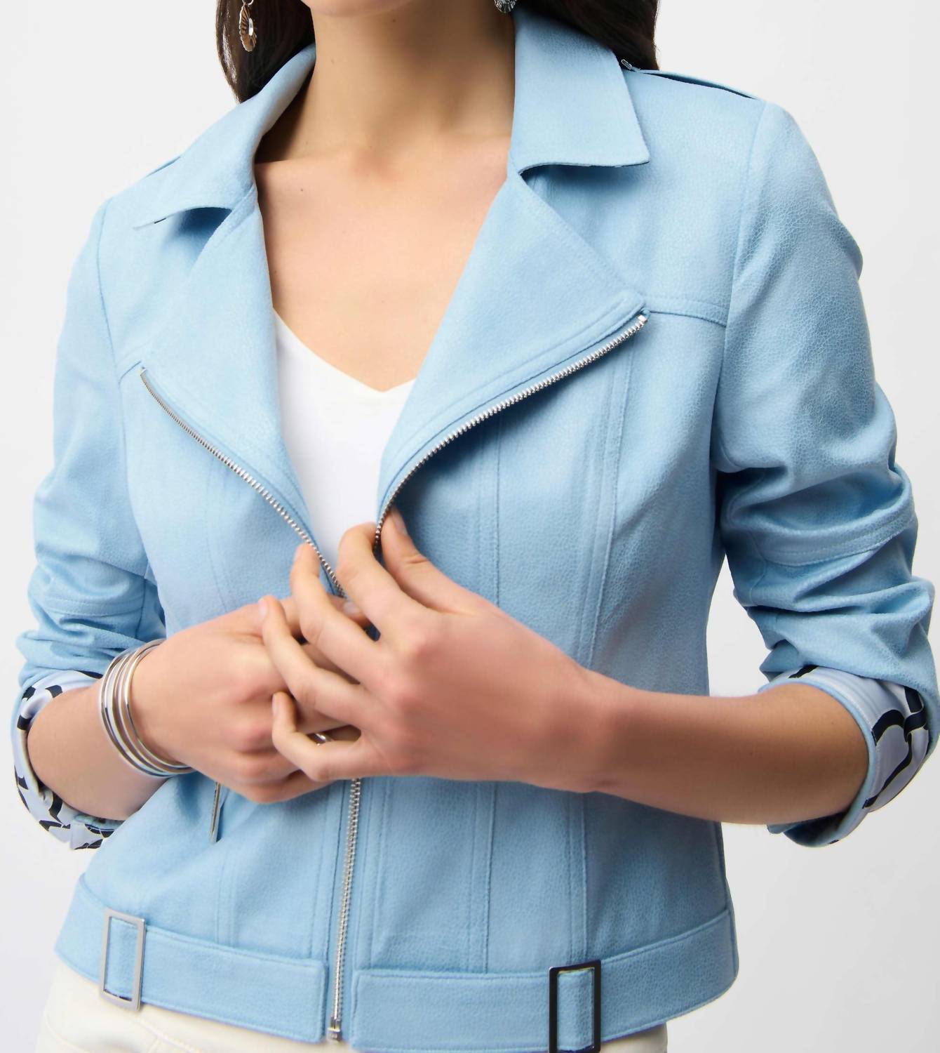 Joseph Ribkoff - Foiled Faux Suede Fitted Jacket With Decorative Buckles