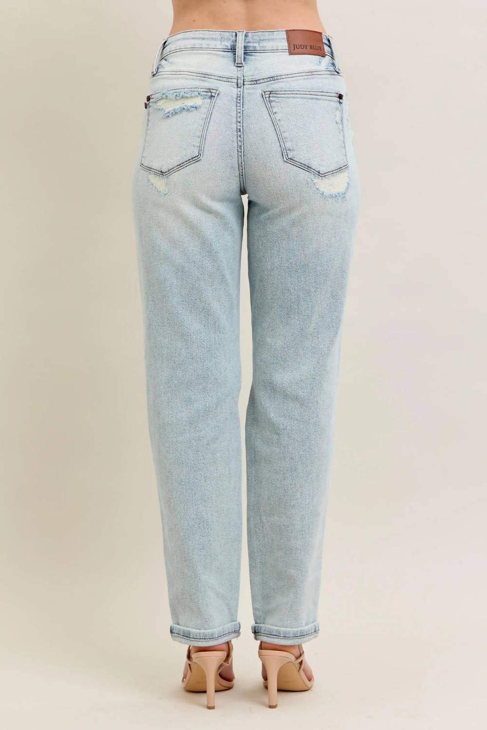 Judy Blue - Mid Rise Repair Stitch Detail Destroy Single Cuff Boyfriend Jean