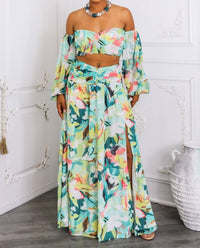 Surelymine - Tropical Floral Puff Sleeve Two-Piece Set with Slit Skirt