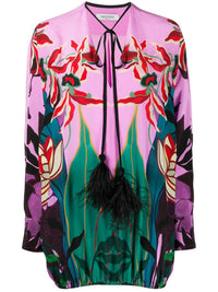 Valentino - Feather-embellished Mirrored Orchid Ramage Blouse
