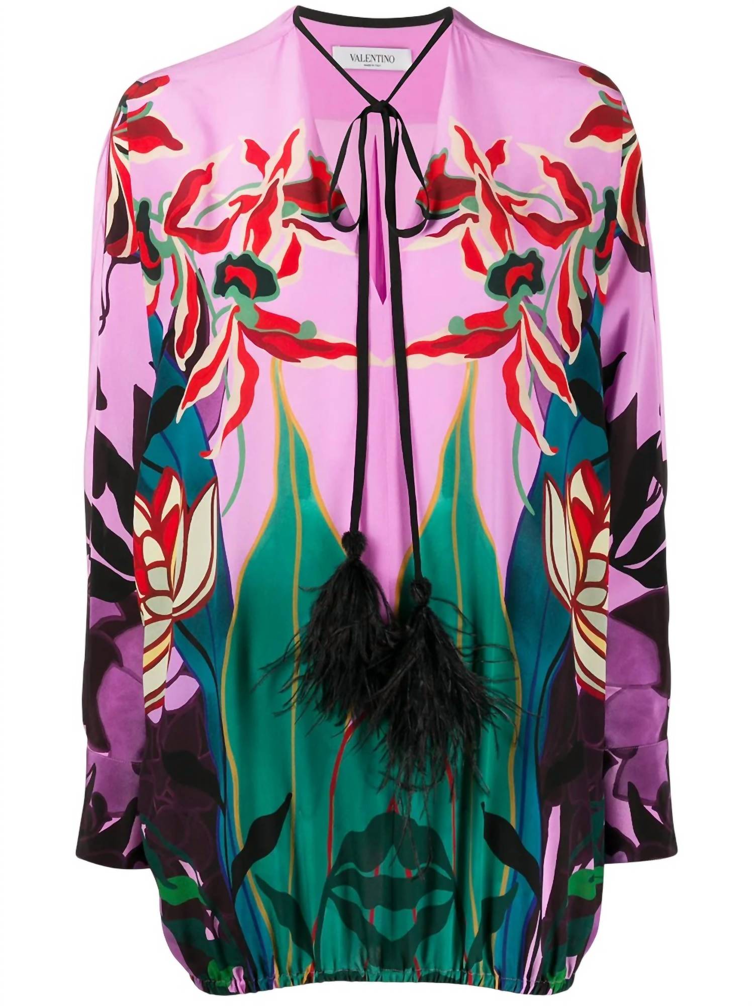 Valentino - Feather-embellished Mirrored Orchid Ramage Blouse