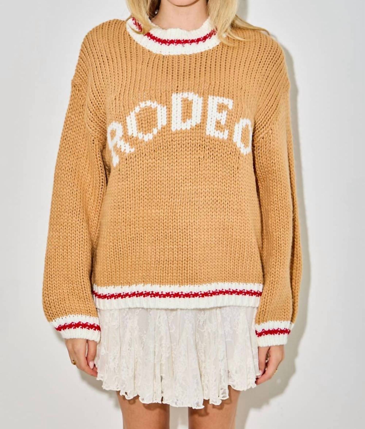 Baevely by Wellmade Rodeo Knit Crewneck Sweater in camel - women's sweater