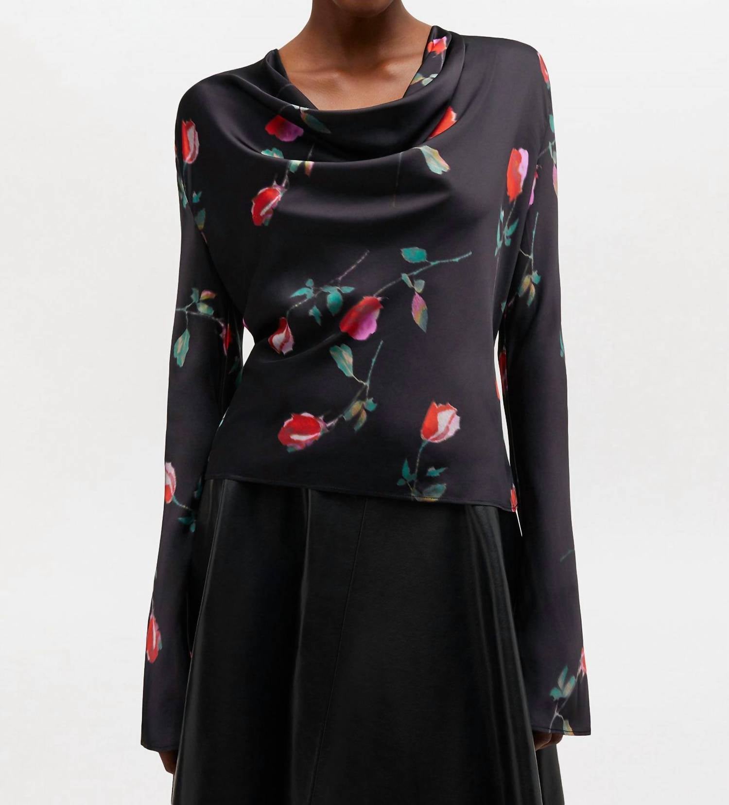GANNI Printed Stretch Satin Blouse in black - women's blouse
