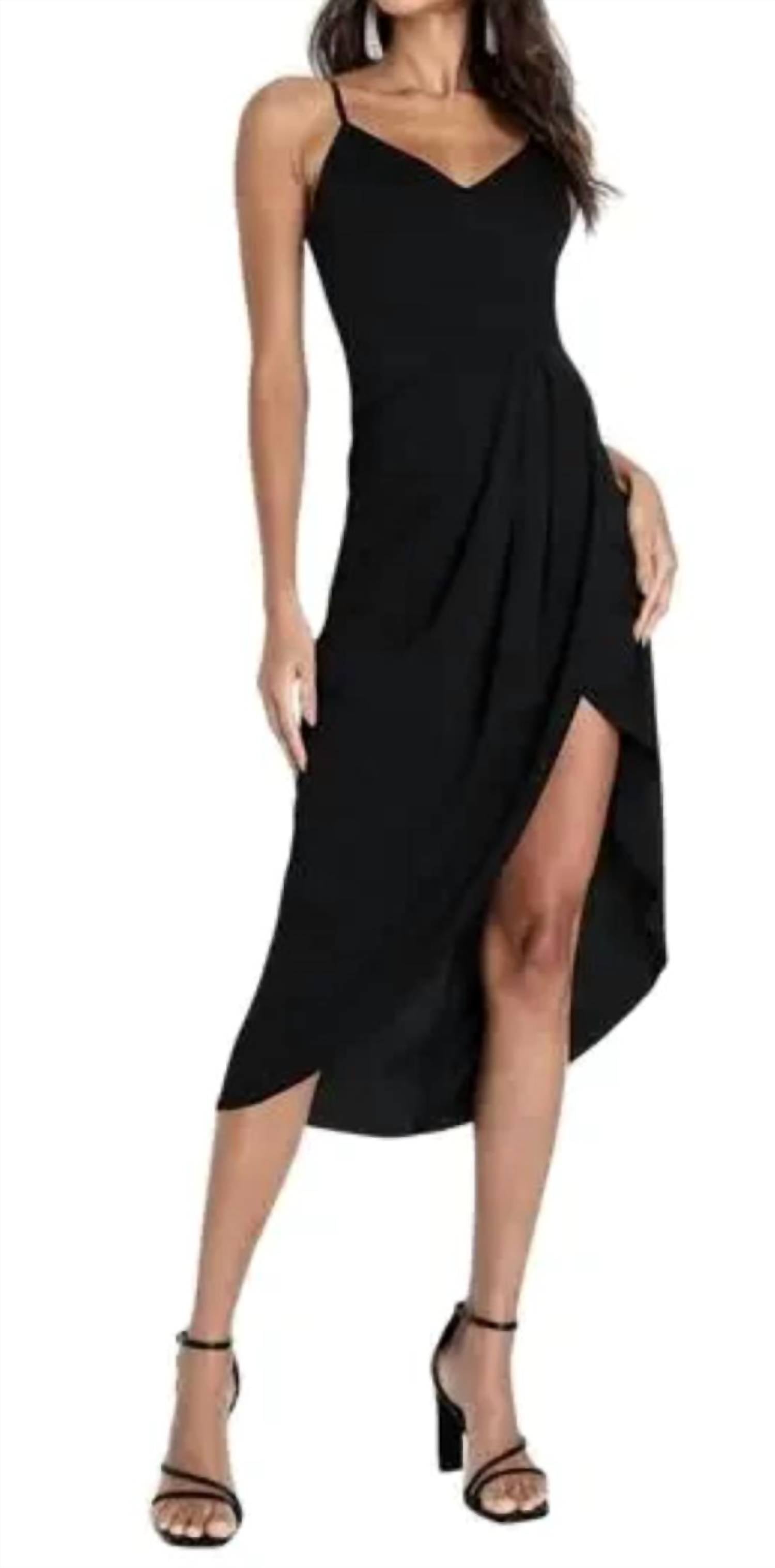 Lulus - V-neck Spaghetti Strap Pleated Faux Wrap Reinette Midi Dress