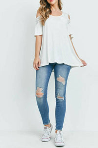 Hopely - Women's Lace Contrast Cutout Shoulder Loose Top
