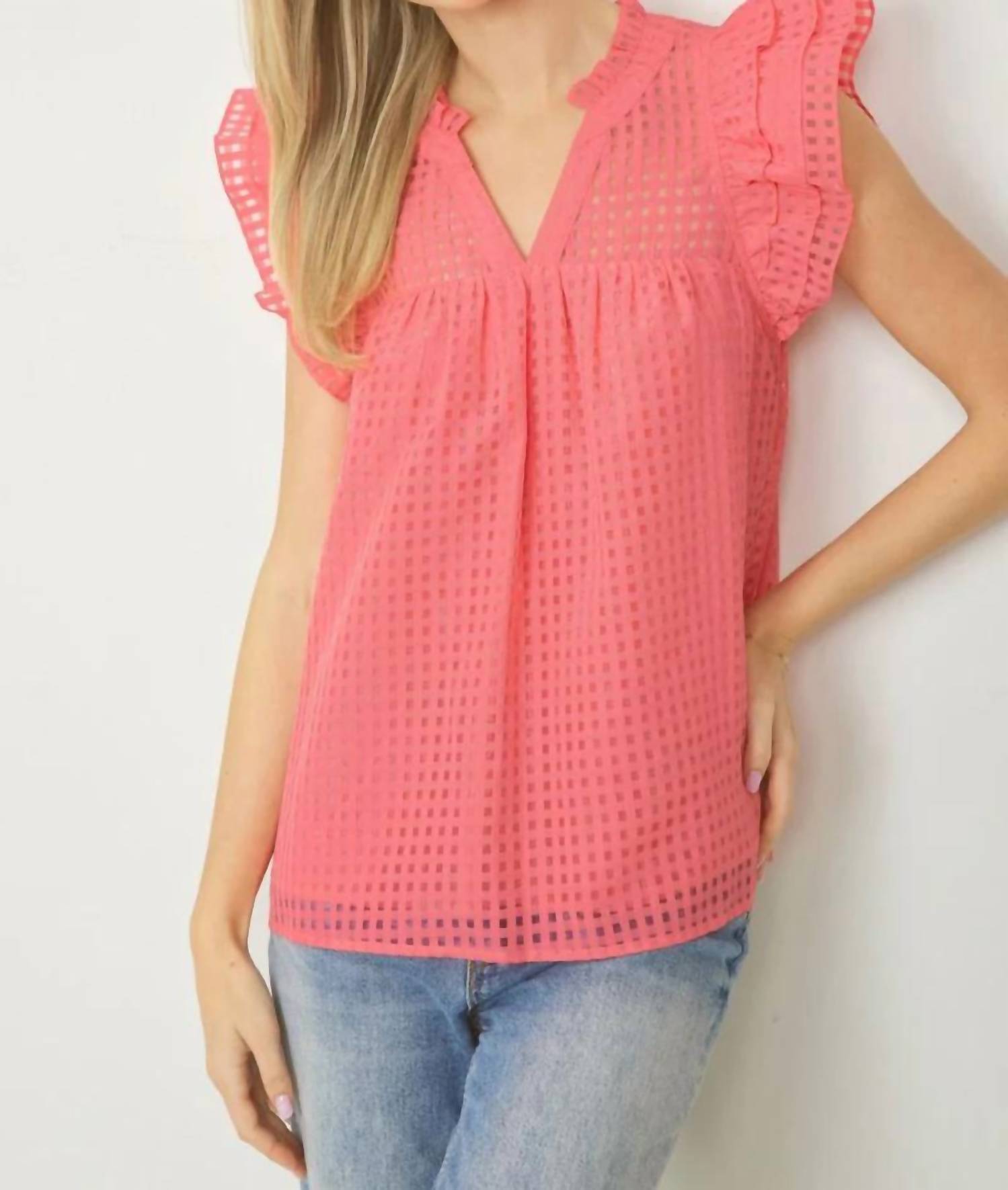 And The Why - Sheer Gridded Baby Doll Ruffled Top