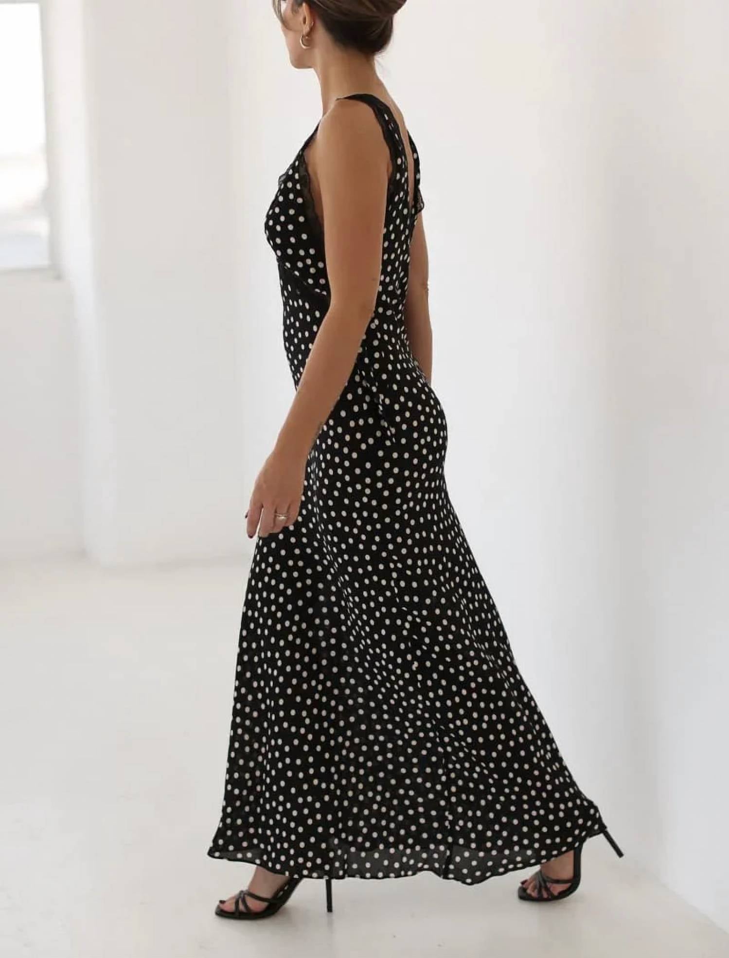 Rumored - Dolly Ditsy Dot Lace Trim Midi Dress