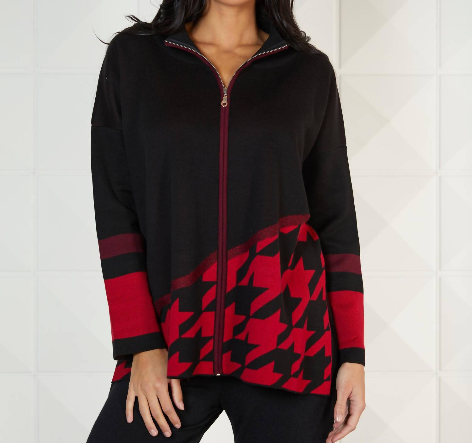 Houndstooth Zip Up Poncho