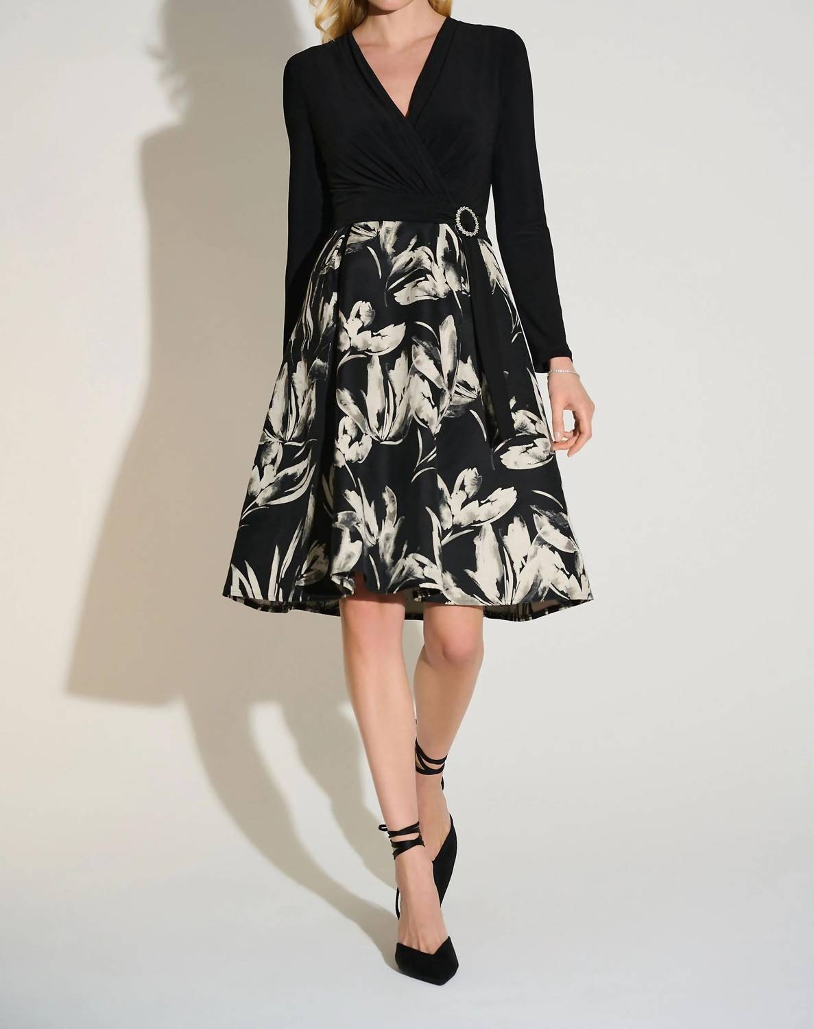Joseph Ribkoff Floral Jacquard Fit And Flare Dress in black off white - women's dress