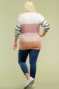 Doe And Rae - Blocked Color Sweater Top With Striped Sleeve
