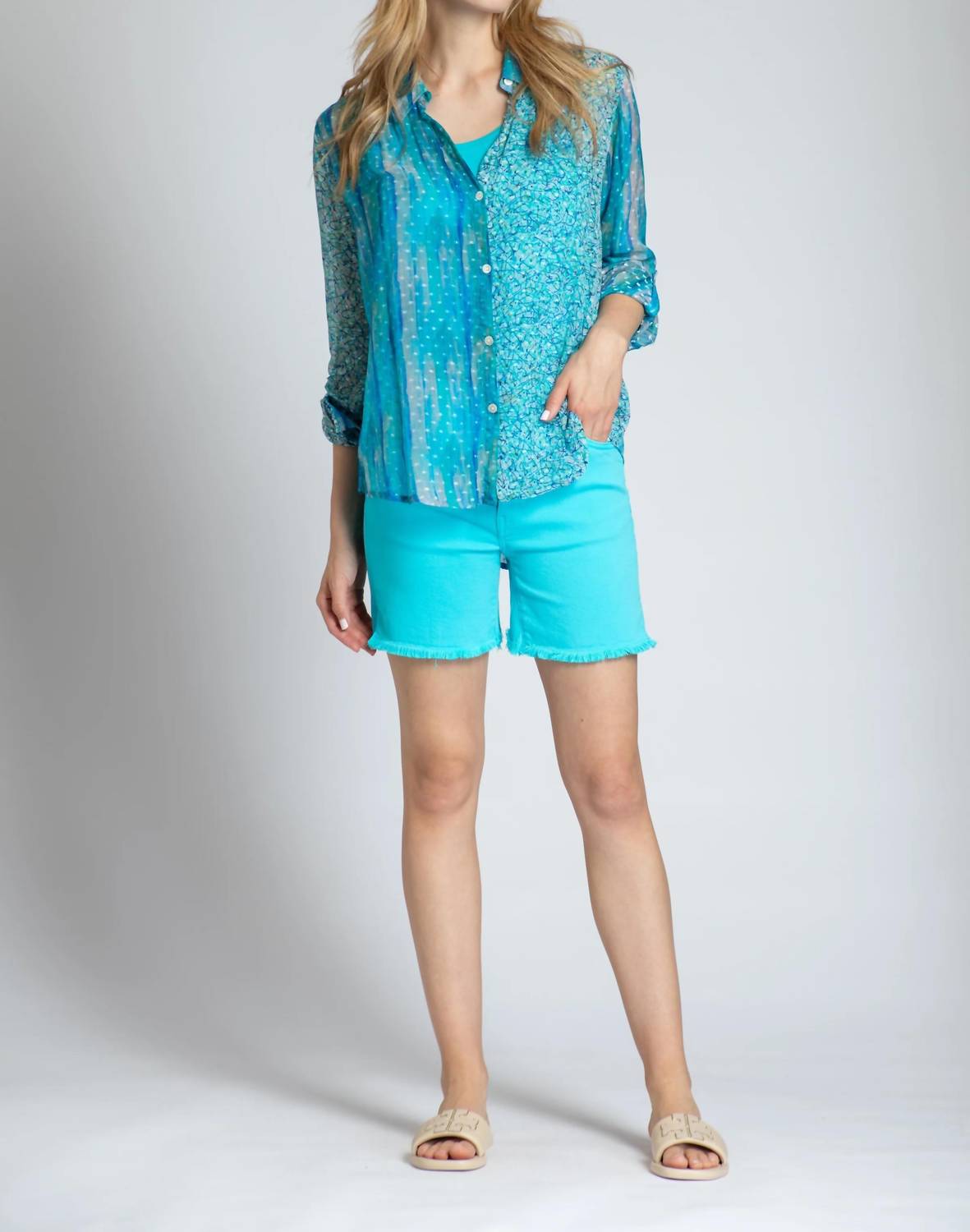 Apny - Roll Sleeve Button Up Top