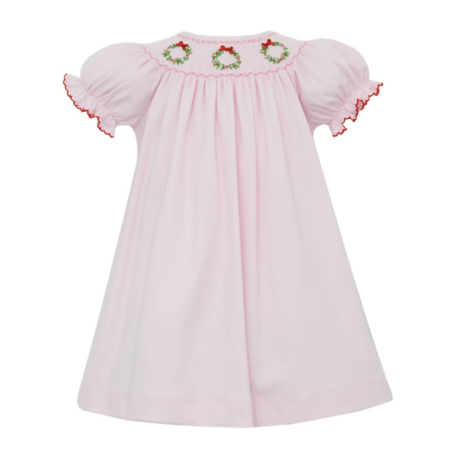 Petit Bebe - Girl's Knit Christmas Wreath Smocked Short Sleeve Bishop Dress