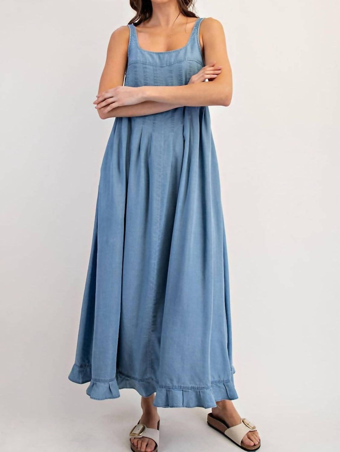 Ee:Some - Denim Ruffle Hem Sleeveless Maxi Dress