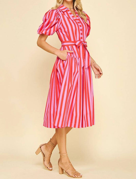 Pinch - Sweet Love Striped Balloon Sleeve Midi Dress