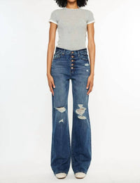 KanCan Ultra High Rise Exposed Button 90's Flare Jeans in medium wash 1 - women's jeans