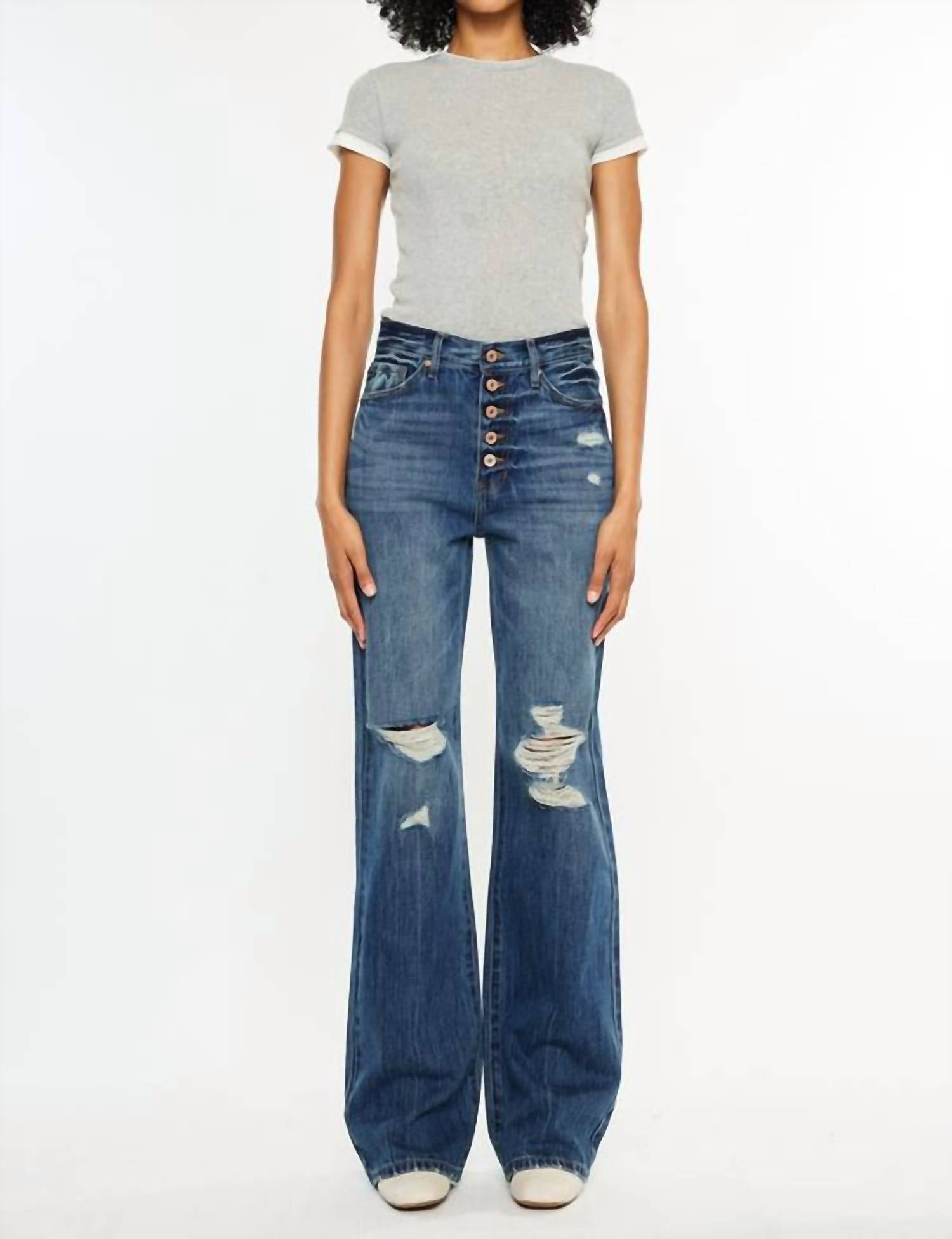 KanCan Ultra High Rise Exposed Button 90's Flare Jeans in medium wash 1 - women's jeans