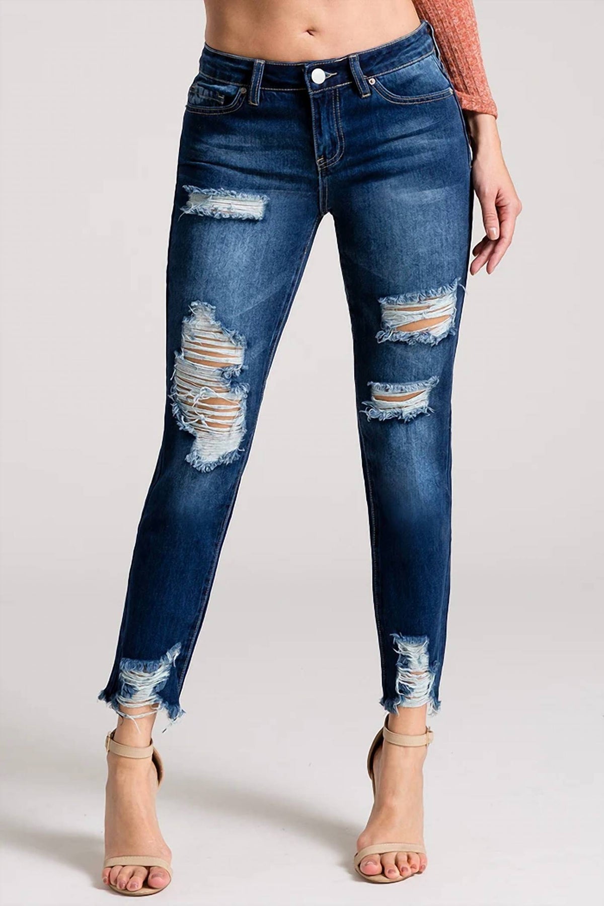Ymi - Dream Mid-rise Anklet With Hem Destruction Jeans