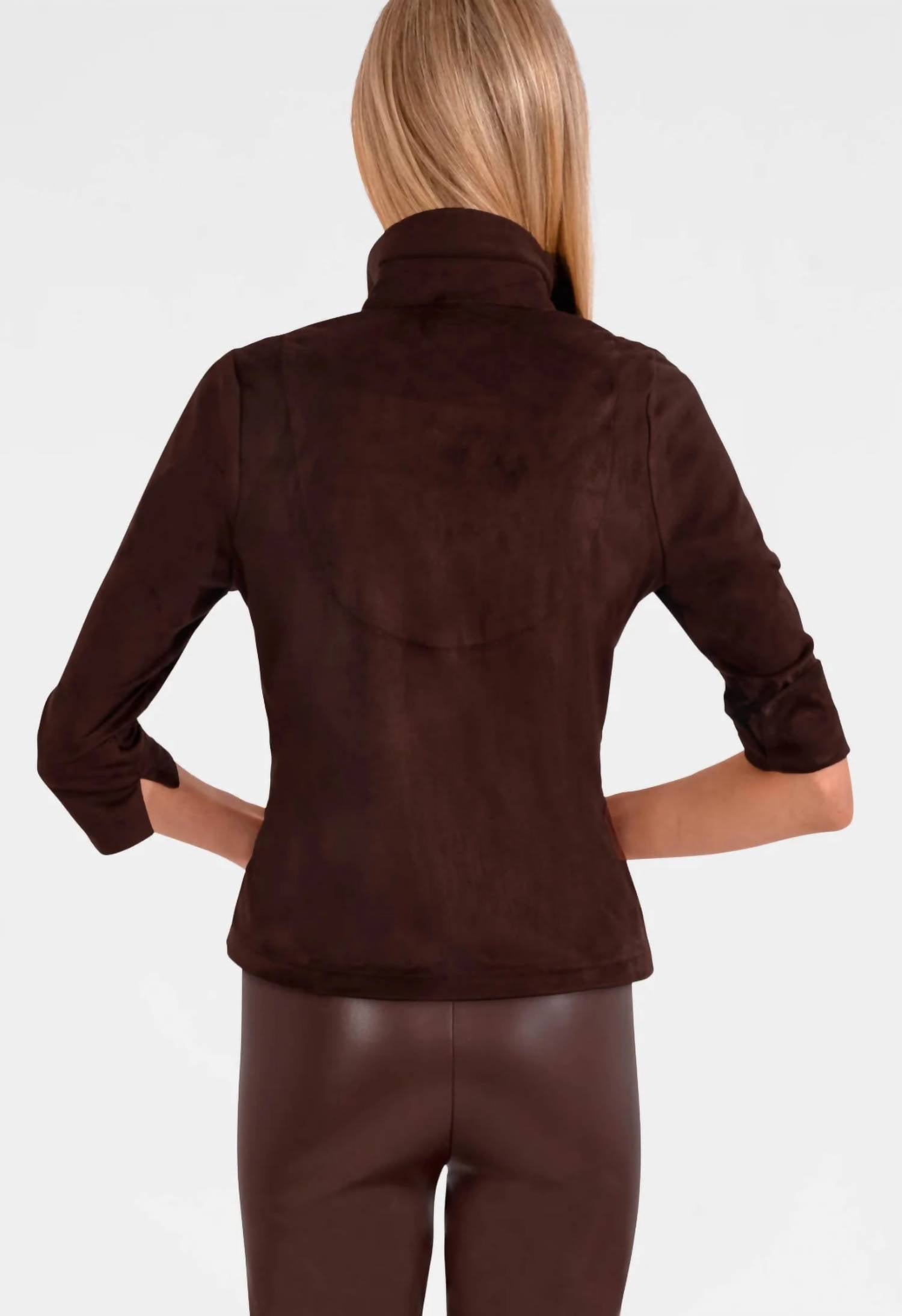 GRETCHEN SCOTT Ultra Suede Twist & Shout Top in brown - women's blouse - detail view