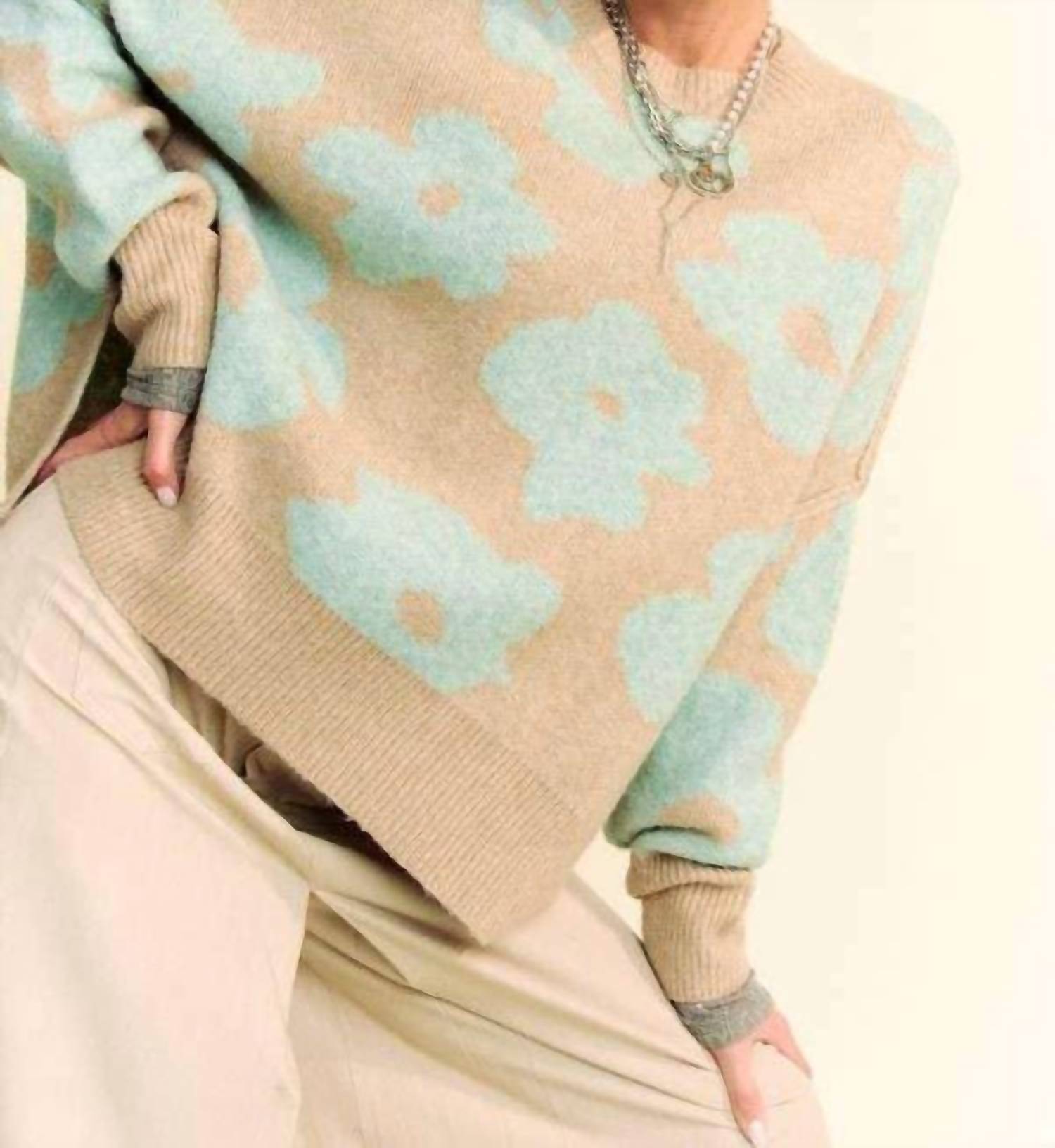 Davi & Dani - Floral Long Sleeve Loose Fit Pullover Knit Sweater