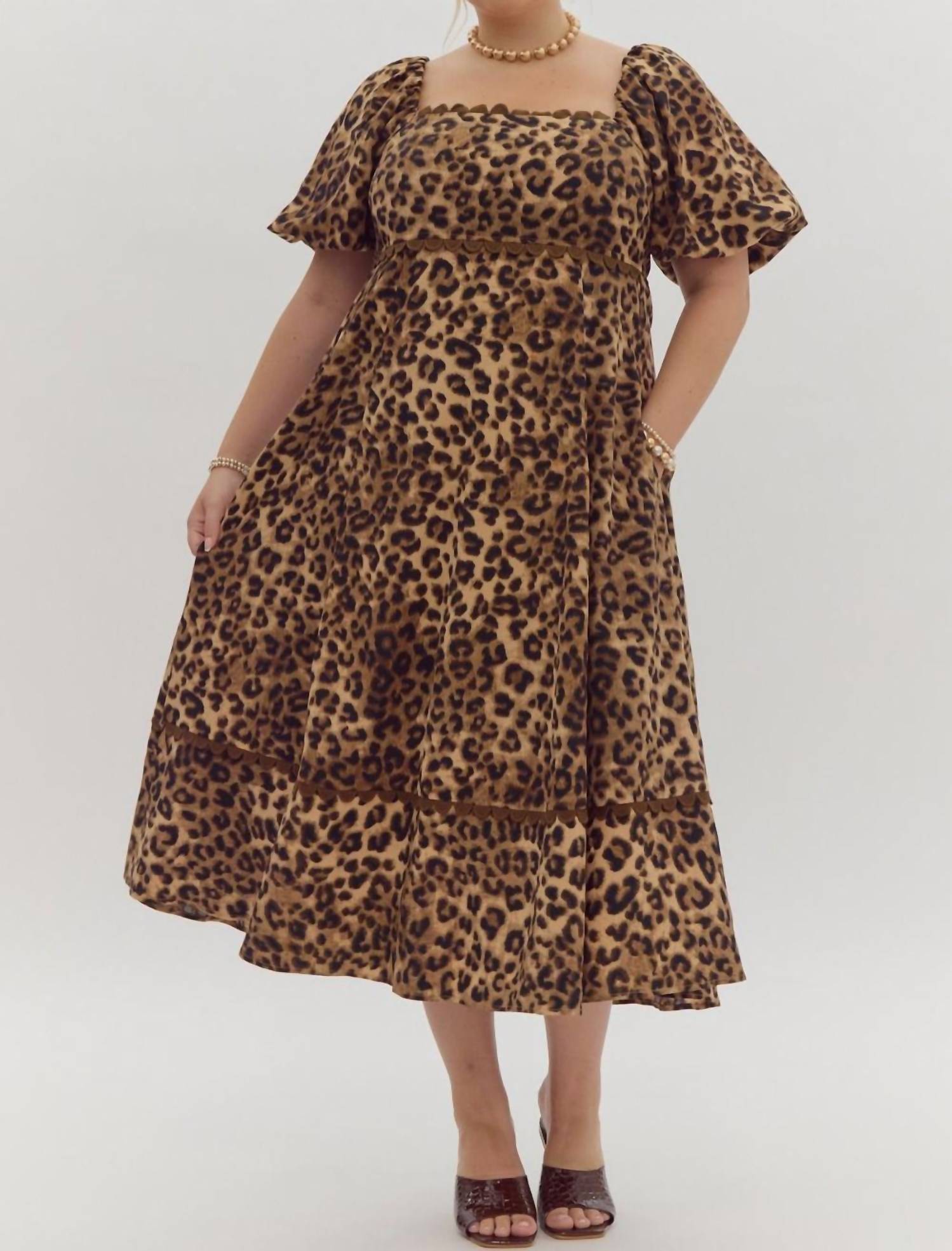 entro Cheetah Print Square Neck Midi Dress - Plus in camel - women's dress