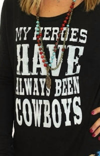 Southern Jewelz My Heroes Have Always Been Cowboys Tee in black - women's long sleeve top - alternate view