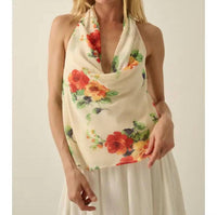 Promesa - Floral Chiffon Cowl Neck Halter Top