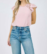 Mine And E&M - Lace Panel Short Ruffle Sleeve Blouse